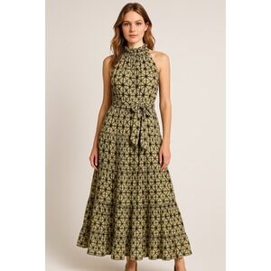 Banana Republic Women's S Yellow Dress Polyester Tiered Maxi Halter Belted Flowy